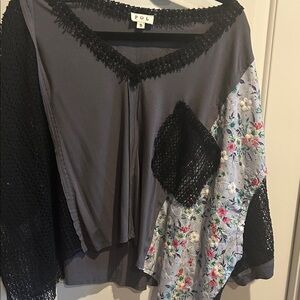 POL Women's Charcoal and Floral Patchwork Blouse
